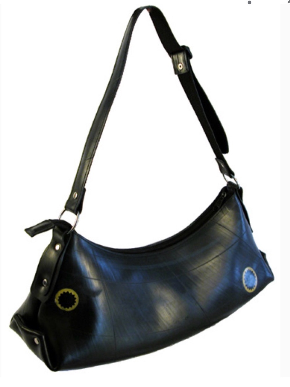 ONE WORLD Black Curved Shoulder Bag Adjustable Strap Made From Recycled Tires ♻️